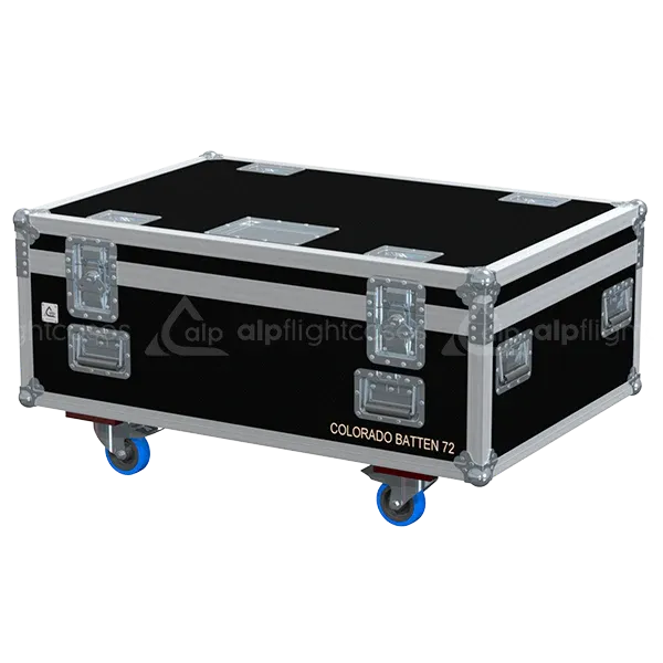 ALP FLIGHT CASES front view of 10x Chauvet Colorado Batten 72 Tour lighting flight case with heavy-duty touring hardware and wheels