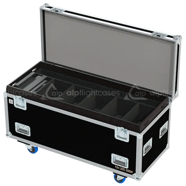 Empty ALP FLIGHT CASES 12-way trunk for Moffey 200W showing internal slots and cable management space