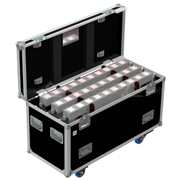 12x Showtec Sunstrip Active MKII battens stored in ALP lighting flight case with custom CNC foam compartments