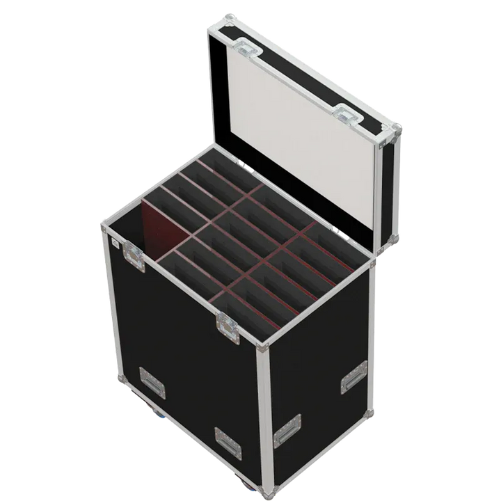 Empty ALP FLIGHT CASES 16-way trunk for Chauvet ColorDash Batten Quad 12 showing vertical internal slots and cable compartment