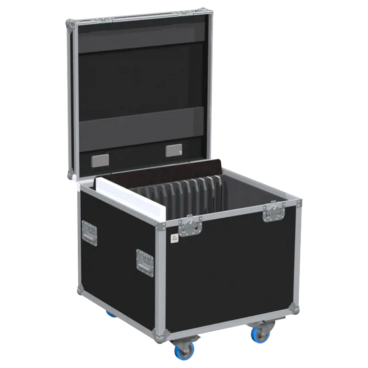 Empty flight case for 16x Showtec Sparkle showing vertical divider system and cable storage compartment