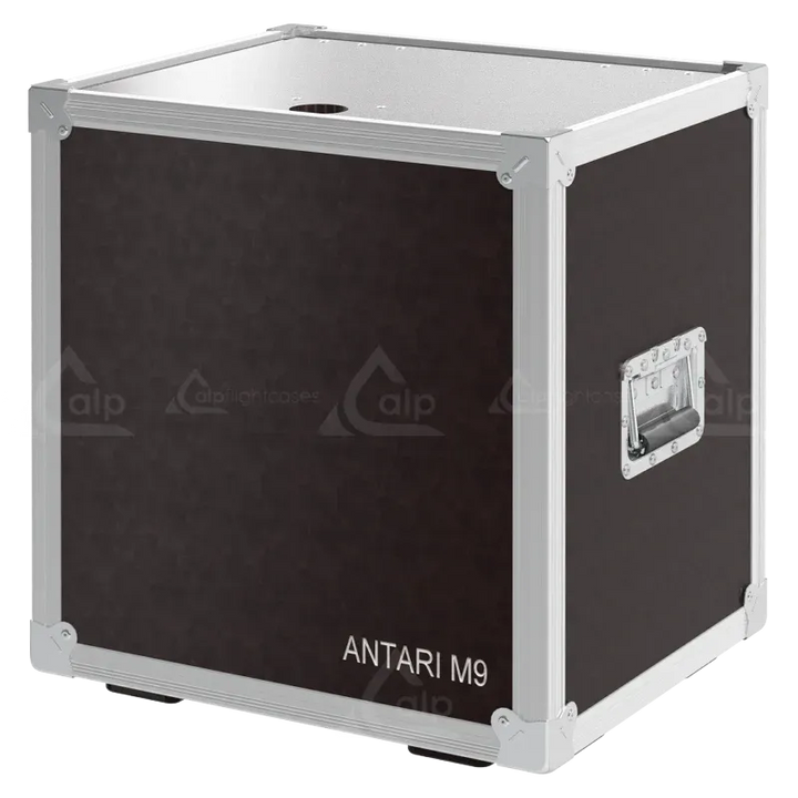 ALP FLIGHT CASES front view of Antari M-9 RGBAW high-output stage fog jet flight case with heavy-duty 10mm birch plywood and 100mm wheels