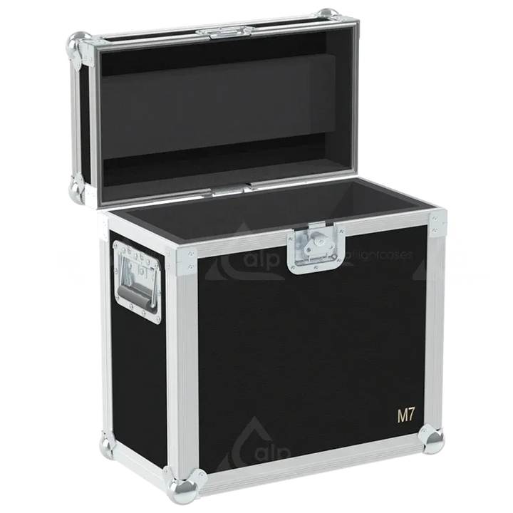 Empty ALP FLIGHT CASES trunk for Antari M-7X showing dedicated space for 2.4-liter fluid tanks and power cables
