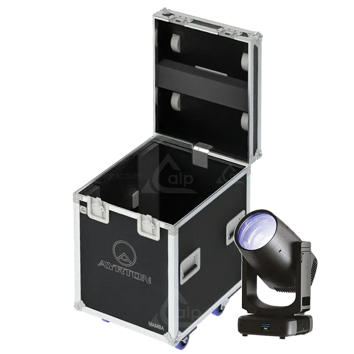 1x Ayrton Mamba fixture standing next to the ALP FLIGHT CASES rugged touring case