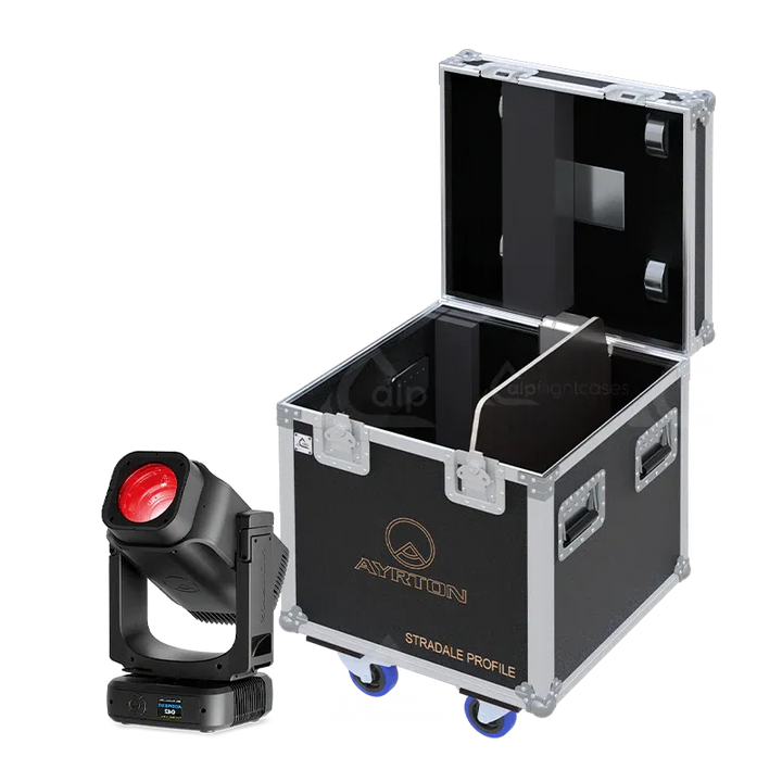 2x Ayrton Stradale Profile fixtures standing next to the ALP FLIGHT CASES touring solution