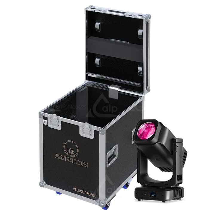 x Ayrton Veloce Profile fixture standing next to the ALP FLIGHT CASES touring solution