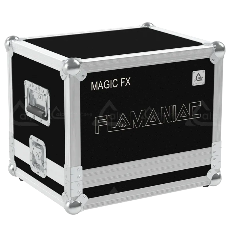 ALP FLIGHT CASES front view of MagicFX Flamaniac liquid flame projector flight case with heavy-duty touring hardware and wheels