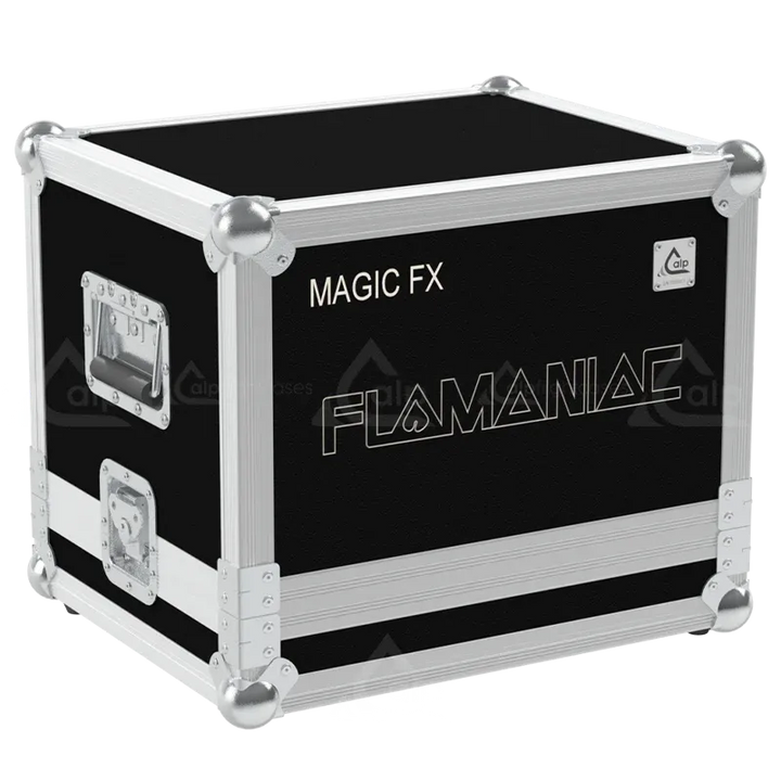ALP FLIGHT CASES front view of MagicFX Flamaniac liquid flame projector flight case with heavy-duty touring hardware and wheels
