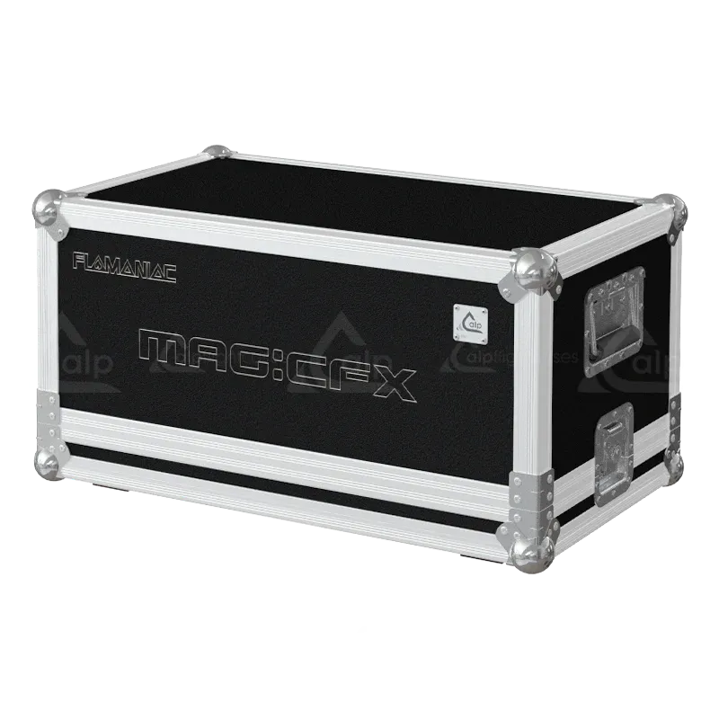ALP FLIGHT CASES front view of MagicFX Flamaniac liquid flame projector flight case with heavy-duty touring hardware