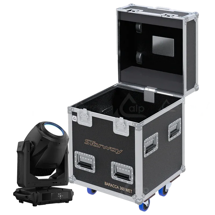 1x Starway Baracca 360 Wet fixture standing next to the ALP FLIGHT CASES touring solution