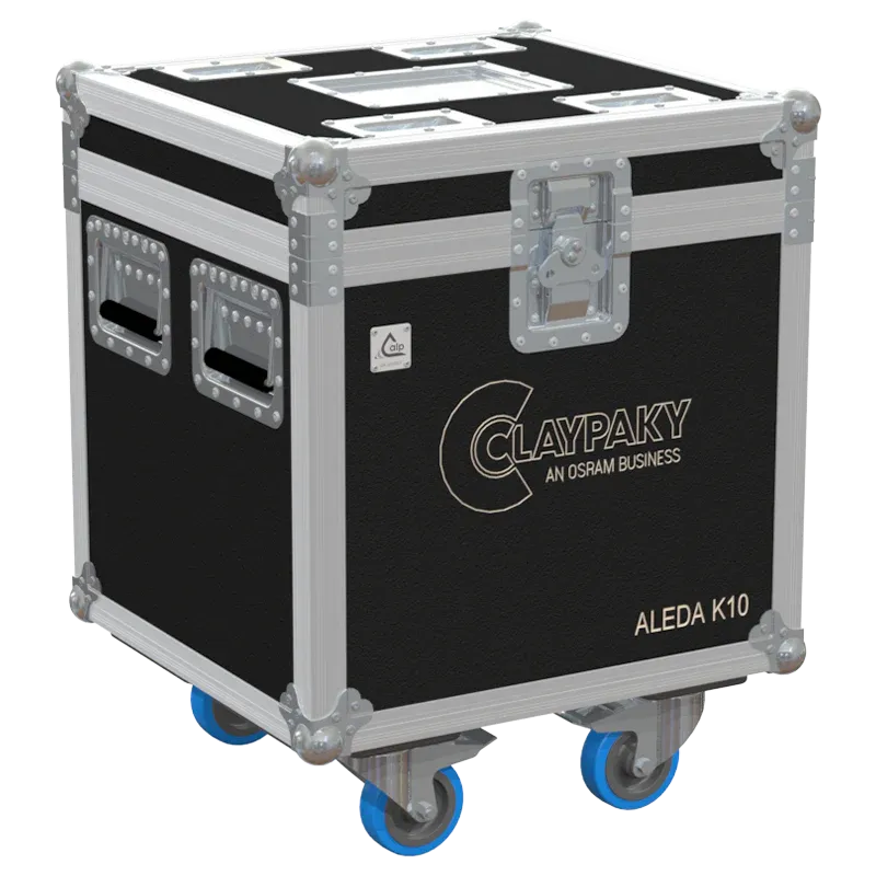 ALP FLIGHT CASES front view of 1x Claypaky Aleda K10 flight case with heavy-duty touring hardware