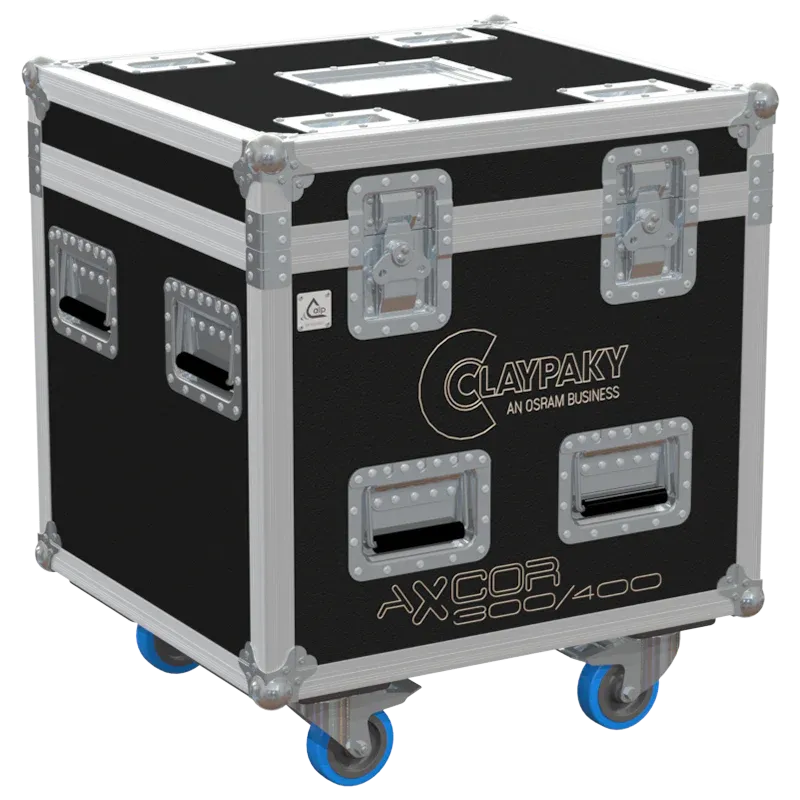 ALP FLIGHT CASES front view of 1x Claypaky Axcor 300/400 flight case with heavy-duty touring hardware