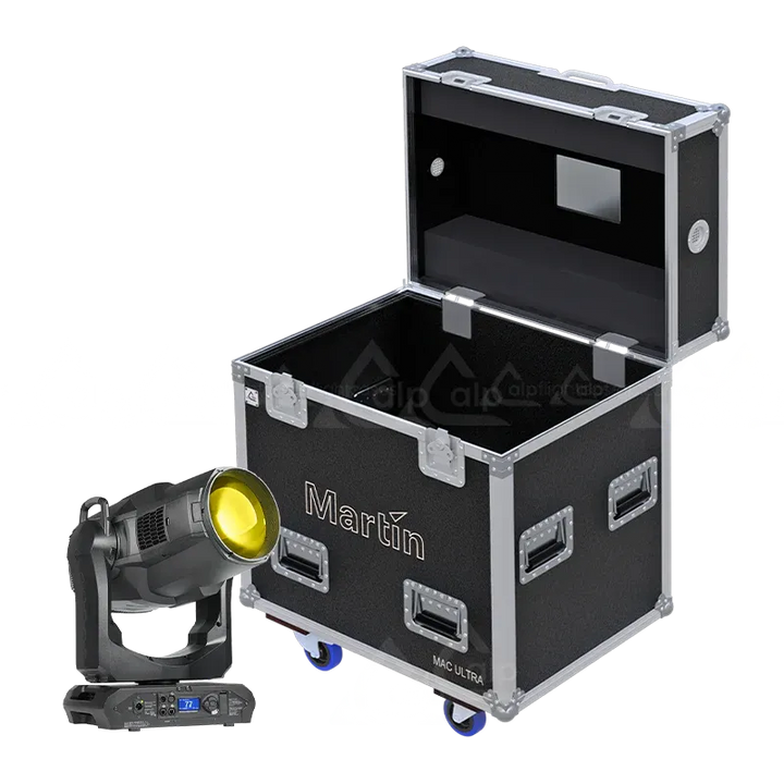 Martin MAC Ultra fixture standing next to its ALP FLIGHT CASES touring solution - Front view