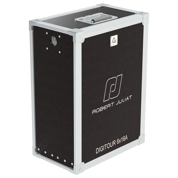 Front view of 1x Robert Juliat Digitour 6x16A flight case with heavy-duty handles and touring hardware
