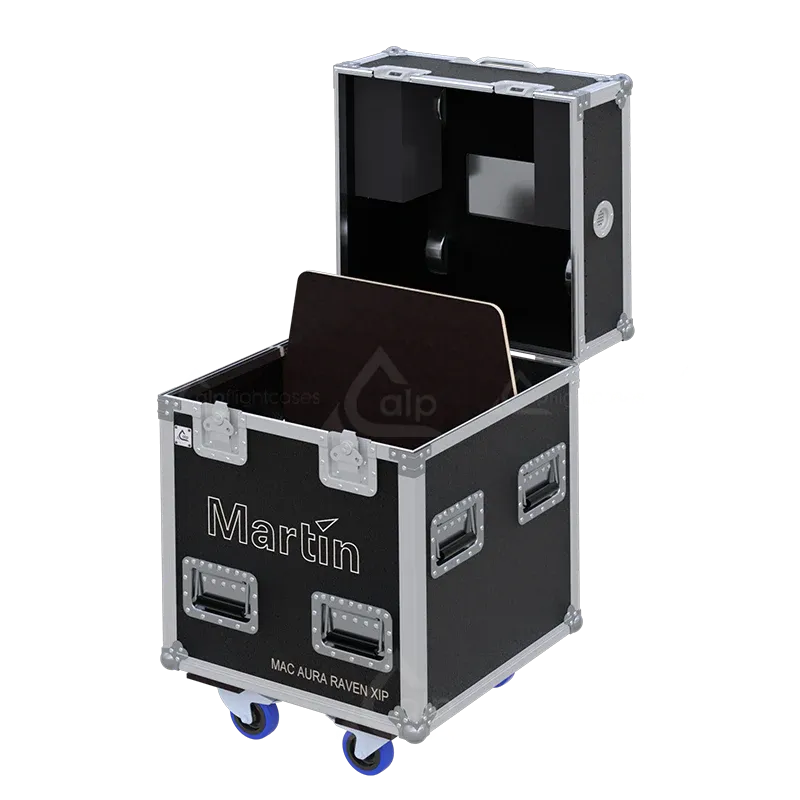 ALP FLIGHT CASES - Front perspective of the Martin MAC AURA RAVEN XIP touring case