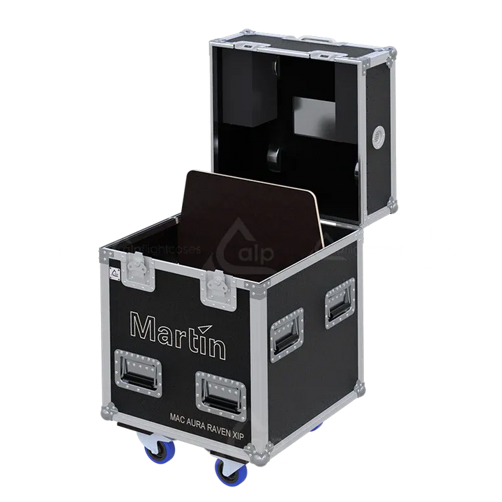 ALP FLIGHT CASES - Front perspective of the Martin MAC AURA RAVEN XIP touring case