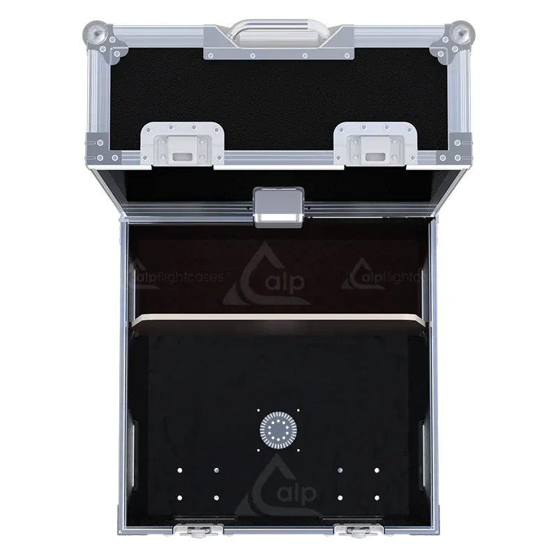Close-up of ALP FLIGHT CASES interior shell for Martin MAC AURA RAVEN XIP - Wood and hardware detail
