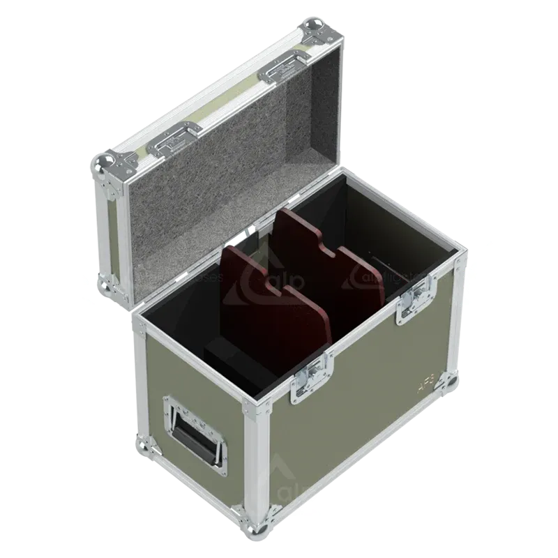Empty ALP FLIGHT CASES 2-way trunk for Antari AF-3 showing dedicated space for brackets and power cables