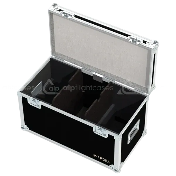 Empty ALP FLIGHT CASES 2-way trunk for Antari M-7 showing dedicated central accessory compartment for power, DMX cables, and fluid