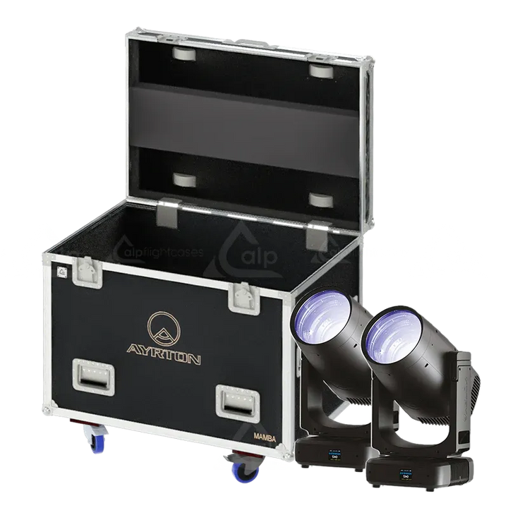 2x Ayrton Mamba fixtures standing next to the ALP FLIGHT CASES touring solution