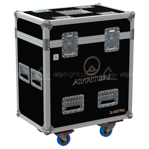 ALP FLIGHT CASES front view of 2x Ayrton Mistral flight case with heavy-duty touring hardware