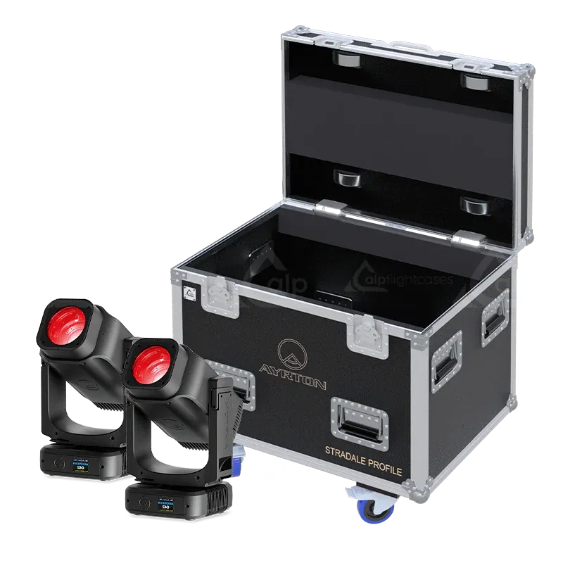 x Ayrton Stradale Profile fixtures standing next to the ALP FLIGHT CASES touring solution