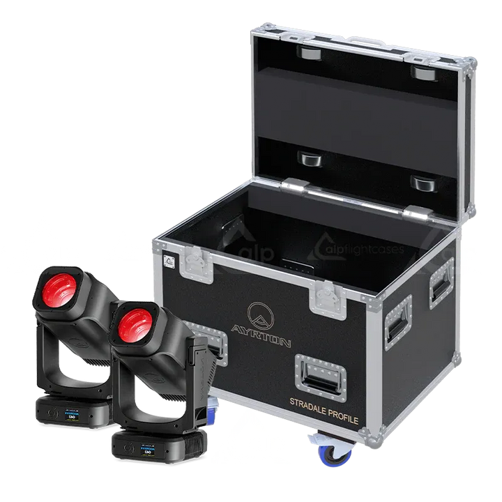 x Ayrton Stradale Profile fixtures standing next to the ALP FLIGHT CASES touring solution