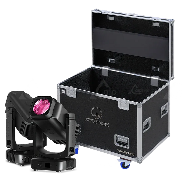 2x Ayrton Veloce Profile fixtures standing next to the ALP FLIGHT CASES touring solution