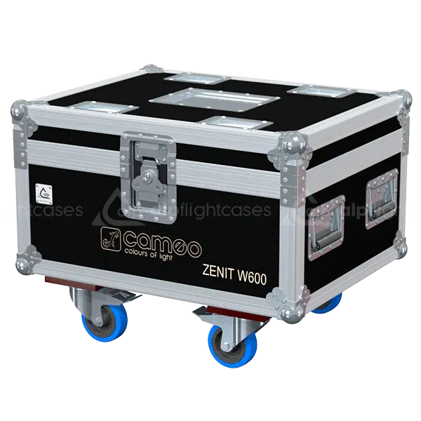 ALP FLIGHT CASES front view of 2x Cameo Zenit W600 lighting flight case with heavy-duty touring hardware and wheels