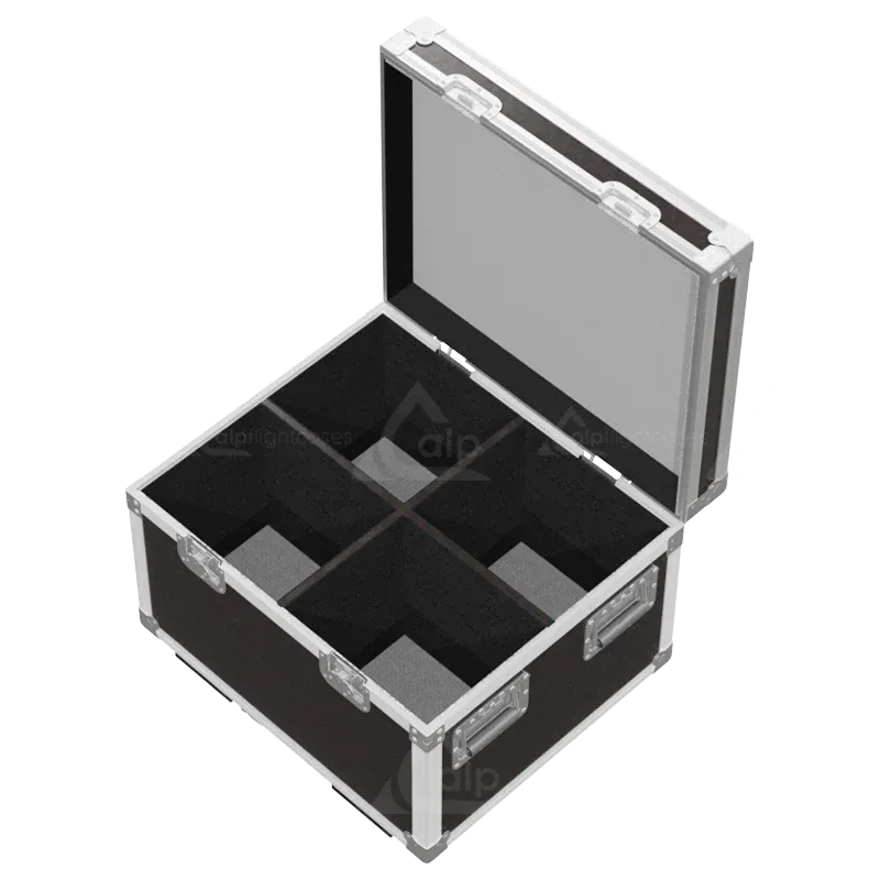 Empty flight case for 2x Chauvet COLORado 2-Quad Zoom showing precision-cut slots and accessory storage