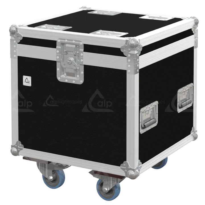 Front view of 2x Chauvet COLOR Strike M flight case with wheels and heavy-duty touring hardware