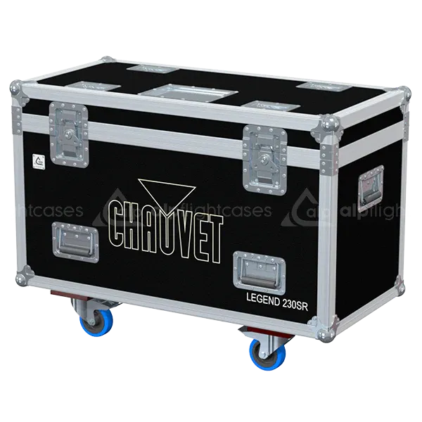 ALP FLIGHT CASES front view of 2x Chauvet Legend 230SR Beam flight case with heavy-duty touring hardware