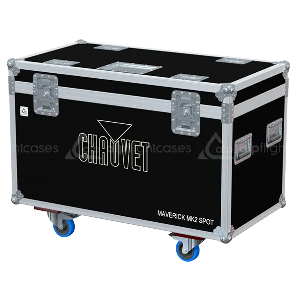 ALP FLIGHT CASES front view of 2x Chauvet Maverick MK2 Spot flight case with heavy-duty touring hardware