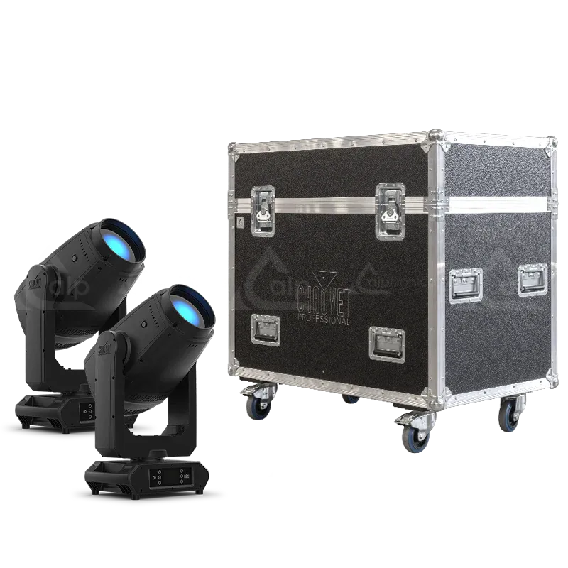 2x Chauvet Maverick Storm 1 Flex fixtures standing next to the ALP FLIGHT CASES touring solution - Front view