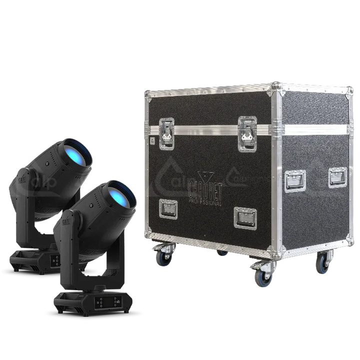 2x Chauvet Maverick Storm 1 Flex fixtures standing next to the ALP FLIGHT CASES touring solution - Front view