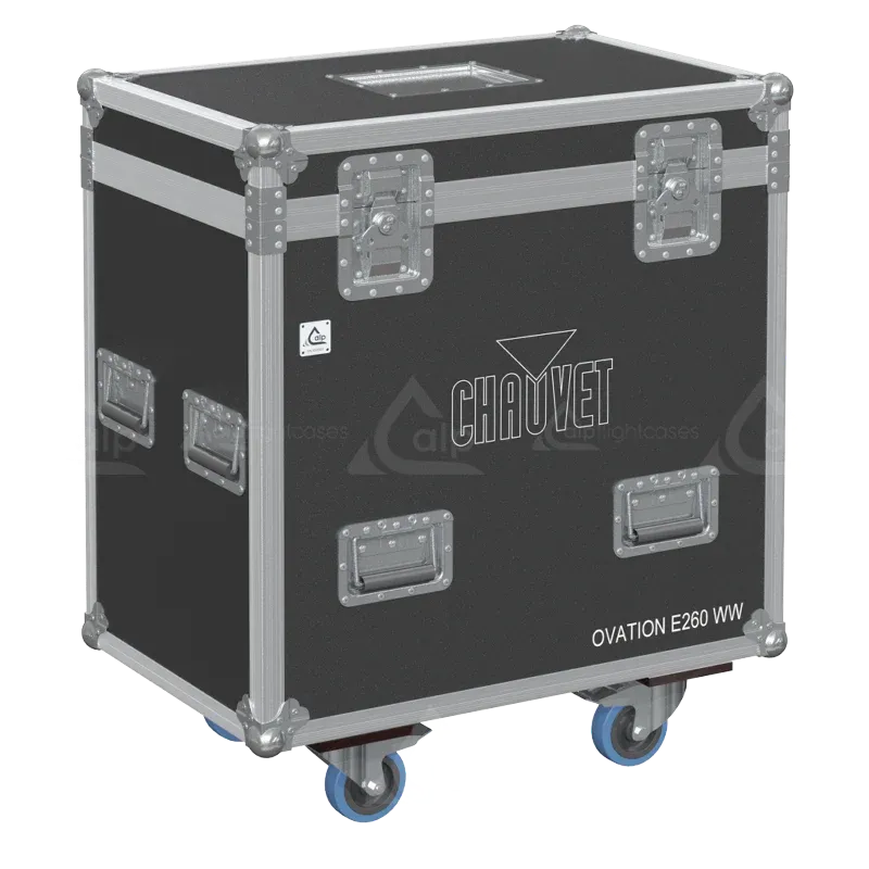 Front view of 2x Chauvet Ovation E-260WW / E-260CW flight case with wheels and heavy-duty touring hardware