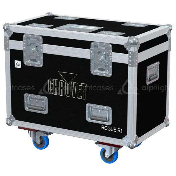 ALP FLIGHT CASES front view of 2x Chauvet Rogue R1 Beam flight case with heavy-duty touring hardware