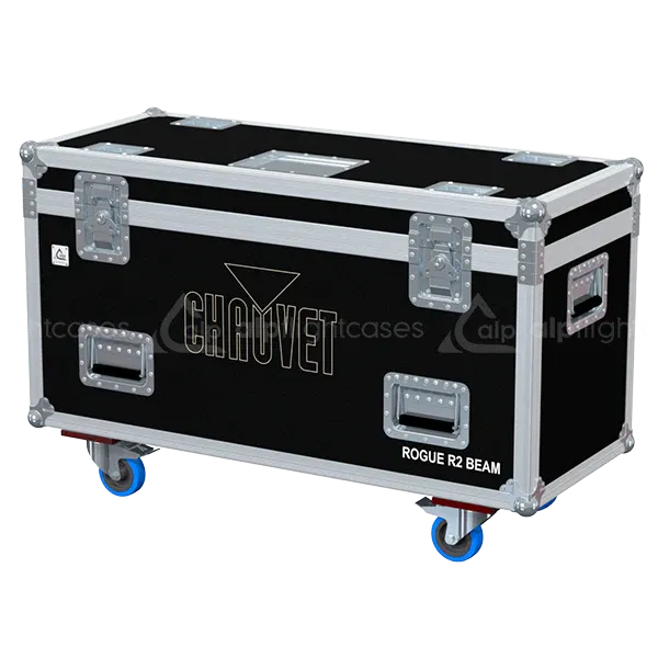 ALP FLIGHT CASES front view of 2x Chauvet Rogue R2 Beam flight case with heavy-duty touring hardware