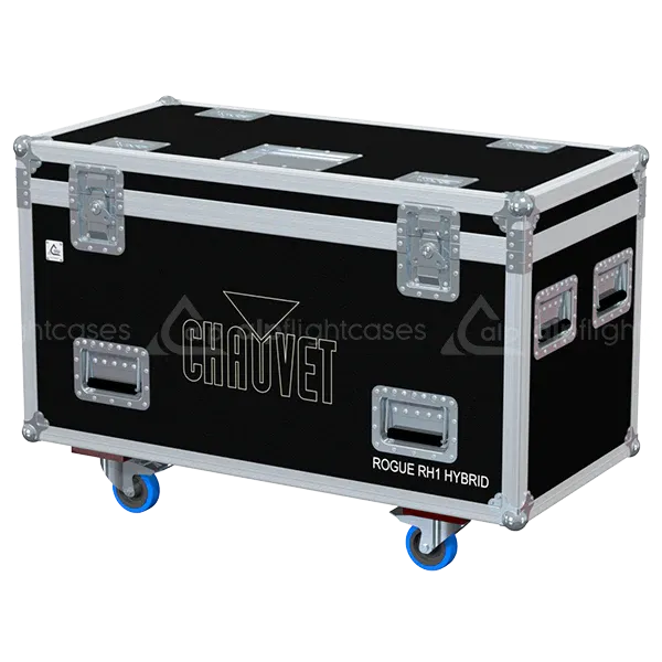 ALP FLIGHT CASES front view of 2x Chauvet Rogue RH1 Hybrid flight case with heavy-duty touring hardware