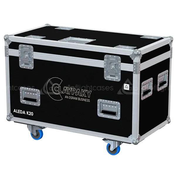 ALP FLIGHT CASES front view of 2x Claypaky A.Leda B-Eye K20 flight case with heavy-duty touring hardware