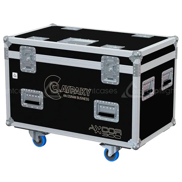 ALP FLIGHT CASES front view of 2x Claypaky Axcor Beam 300 flight case with heavy-duty touring hardware