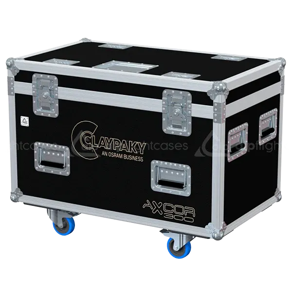 ALP FLIGHT CASES front view of 2x Claypaky Axcor Beam 300 flight case with heavy-duty touring hardware