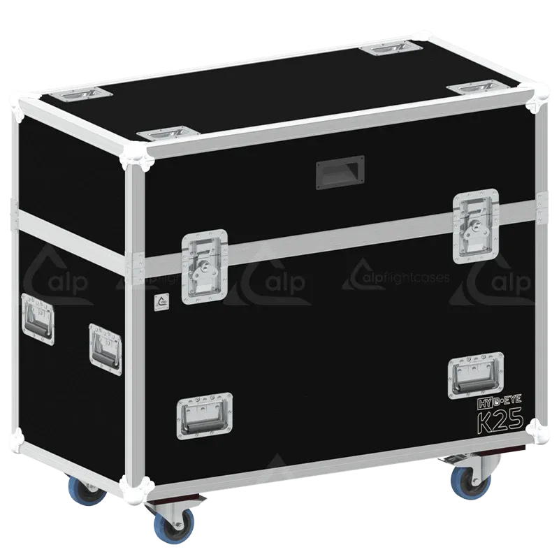 ALP FLIGHT CASES - Front view of 2x Claypaky HY B-EYE K25 flight case shell with heavy-duty hardware