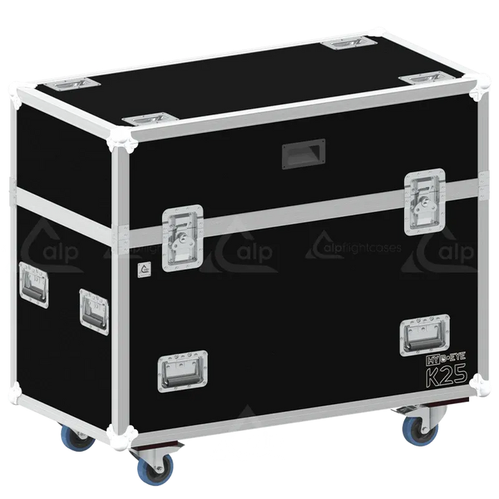 ALP FLIGHT CASES - Front view of 2x Claypaky HY B-EYE K25 flight case shell with heavy-duty hardware