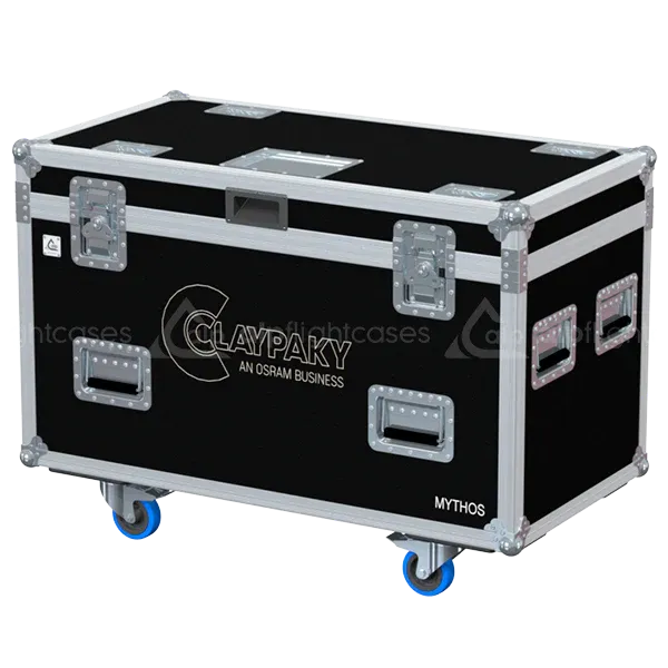 ALP FLIGHT CASES front view of 2x Claypaky Mythos hybrid light flight case with heavy-duty touring hardware
