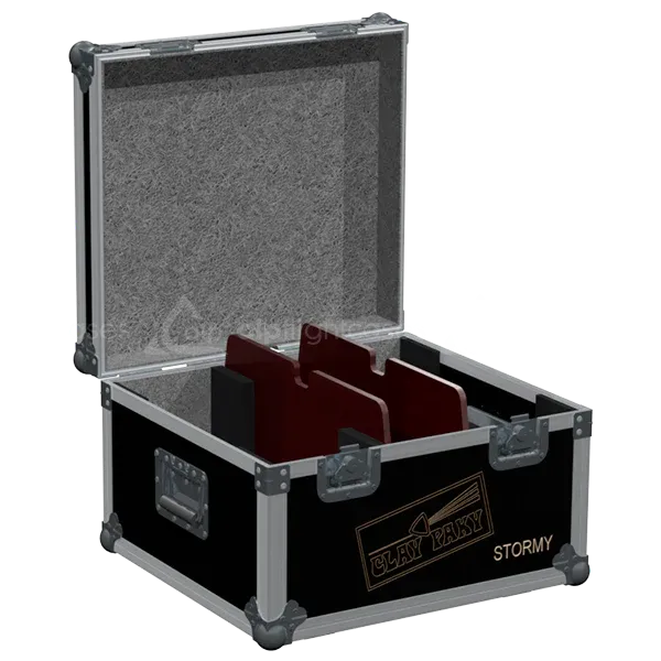 Empty ALP FLIGHT CASES 2-way trunk for Clay Paky Stormy CC showing internal slots and cable management space