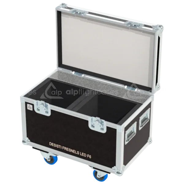 Empty flight case for 2x Desisti Super LED F6 with precision-cut compartments and accessory storage