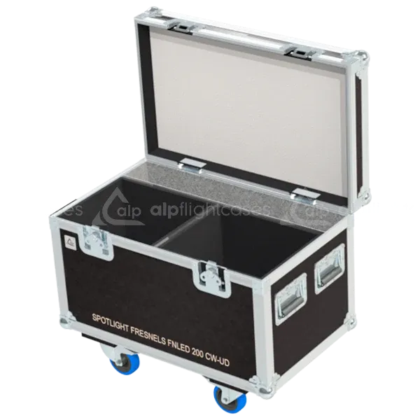 Empty flight case for 2x Desisti FNLED 200 CW-UD with precision-cut compartments and accessory storage
