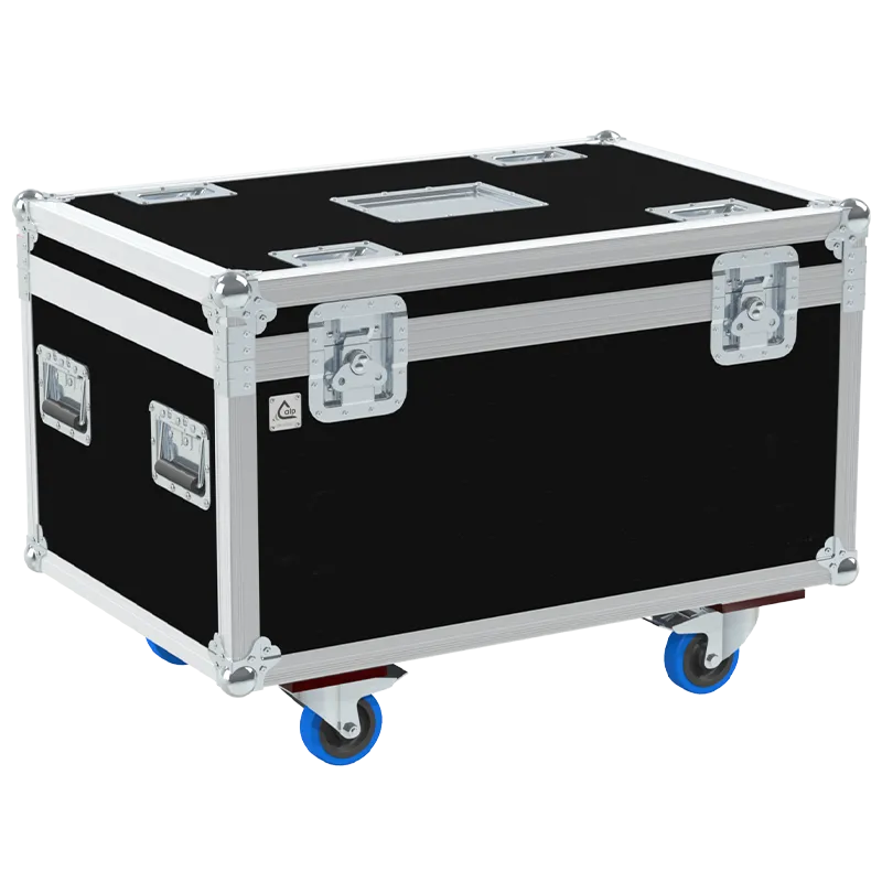 ALP FLIGHT CASES front view of 2x Elan Strobe 1300W LED lighting flight case with heavy-duty touring hardware and wheels