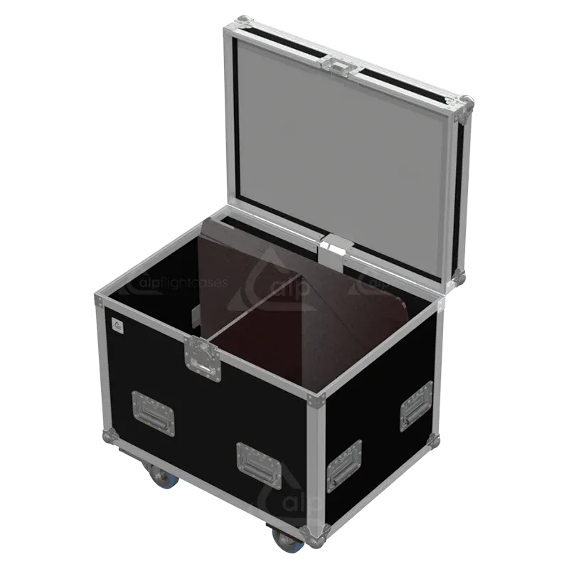 Empty flight case for 2x Elation KL Fresnel 8 showing precision-cut slots and storage for barn doors